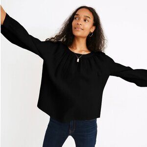 Madewell Lightspun Wide-Neck Cuffed-Sleeve Button-back Top Double-gauze Black